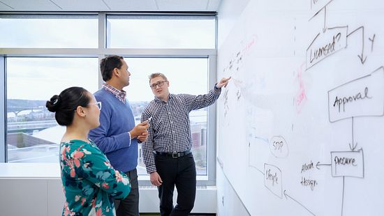 Employees in ideation whiteboard session - Ecolab Corporate Governance